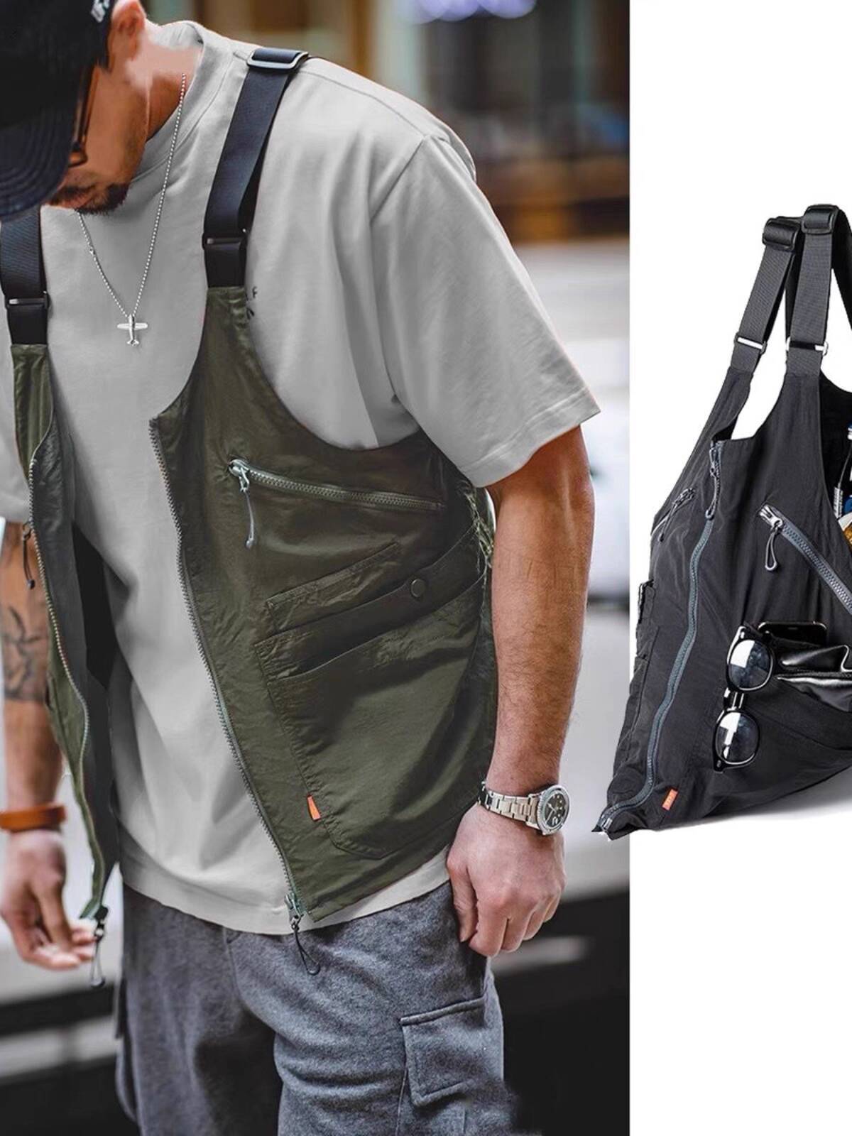 Haori Japanese Jacket - Gilet cargo fonctionnel rétro pour homme,
